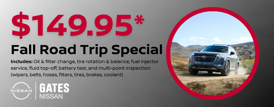 $149.95 Fall Road Trip Special including oil and filter change, tire rotation and balance, fuel injector service, fluid top-off, battery test, and multi-point inspection in Richmond KY.