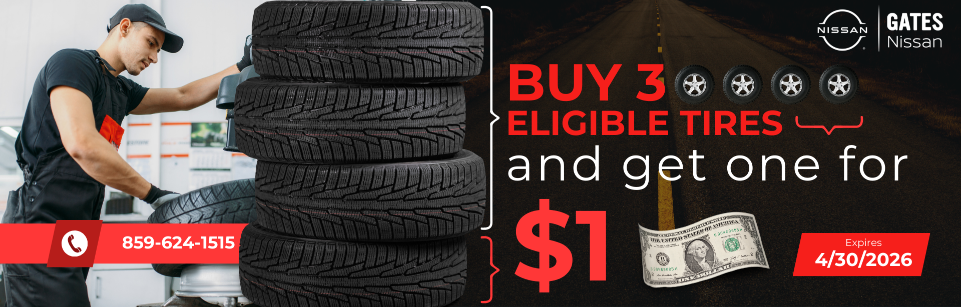 Buy 3 Tires and Get 1 for $1 at Gates Nissan